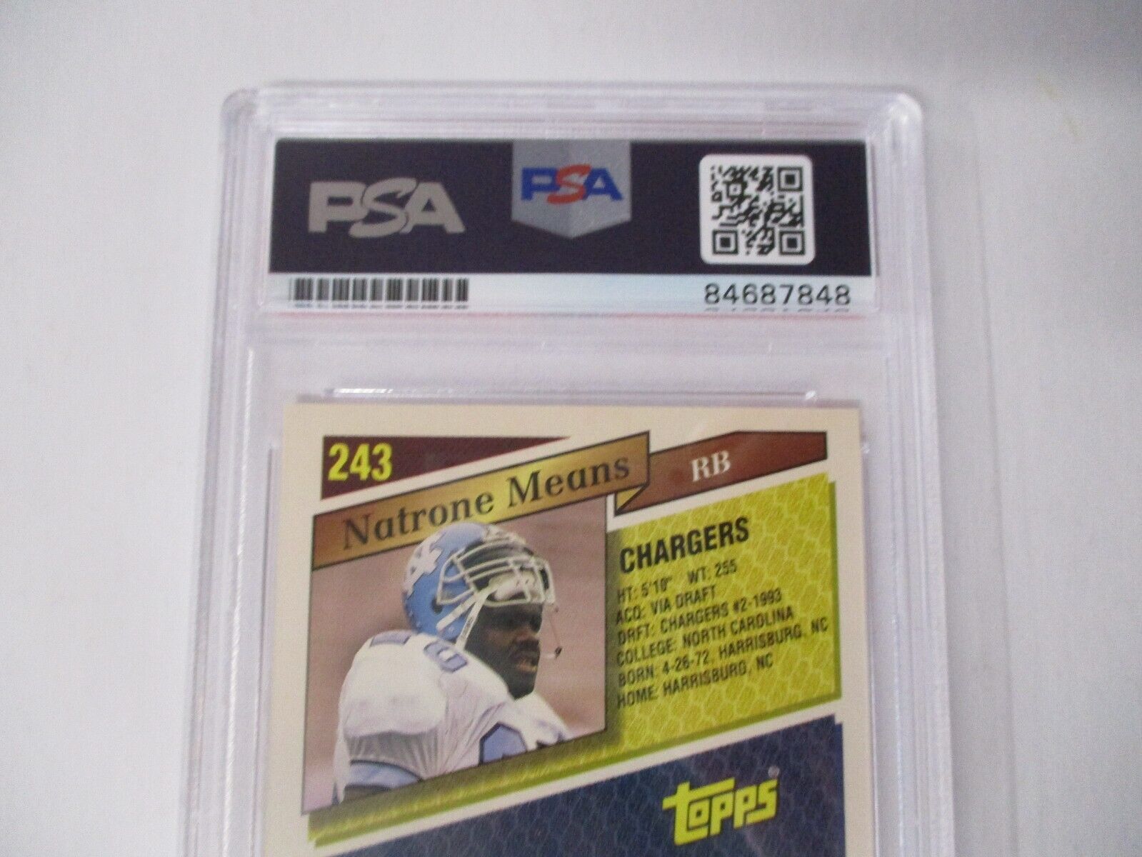 Natrone Means Chargers NFL Autographed 1993 Topps Rookie Card #243 PSA Slab