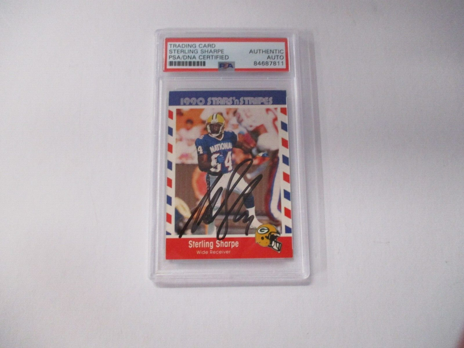 Sterling Sharpe NFL Autographed 1990 Stars N Stripes Topps Card #74 PSA Slab