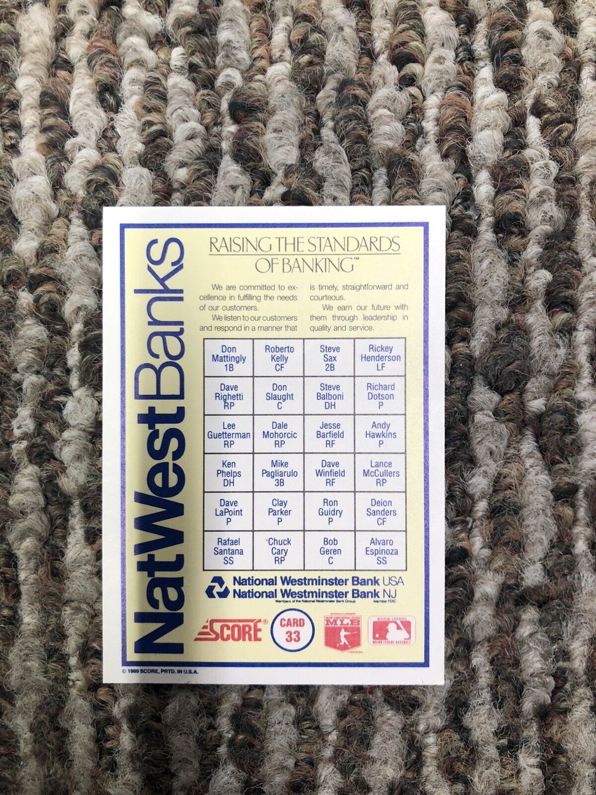 1989 NY YANKEES SCORE  NATWEST BANK  CARD COMPLETE SET MUNSON Deion Mattingly