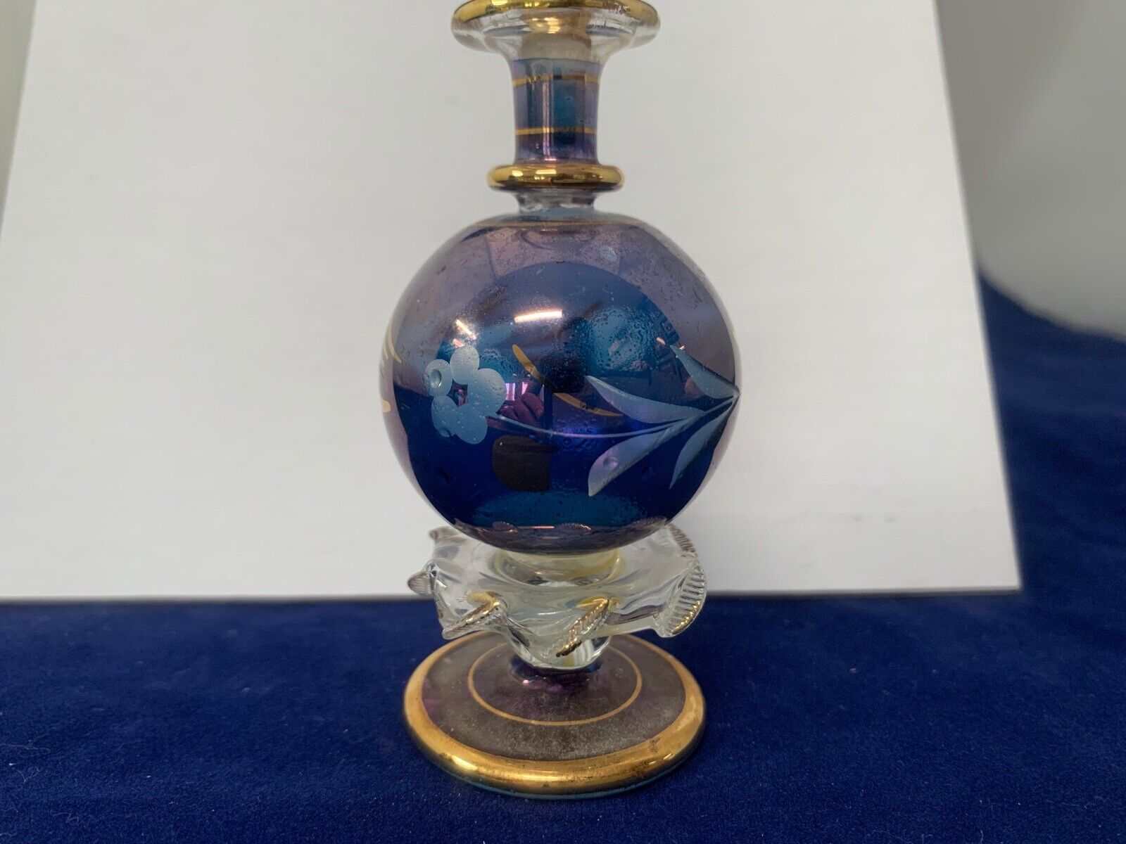 Vintage Glass Perfume Bottle with Glass Top and Flower Design Holds Perfume