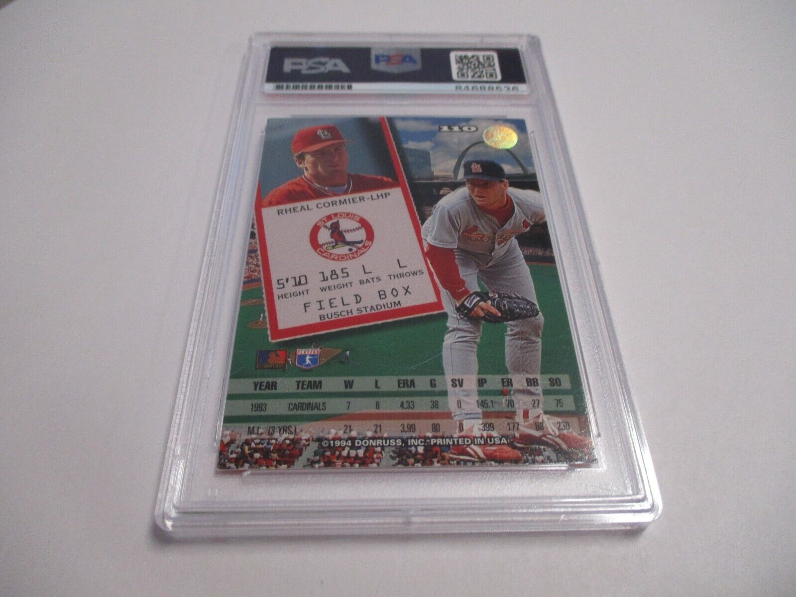 Rheal Cormier Cardinals Autographed 1994 Leaf Baseball Card #110 PSA Slab