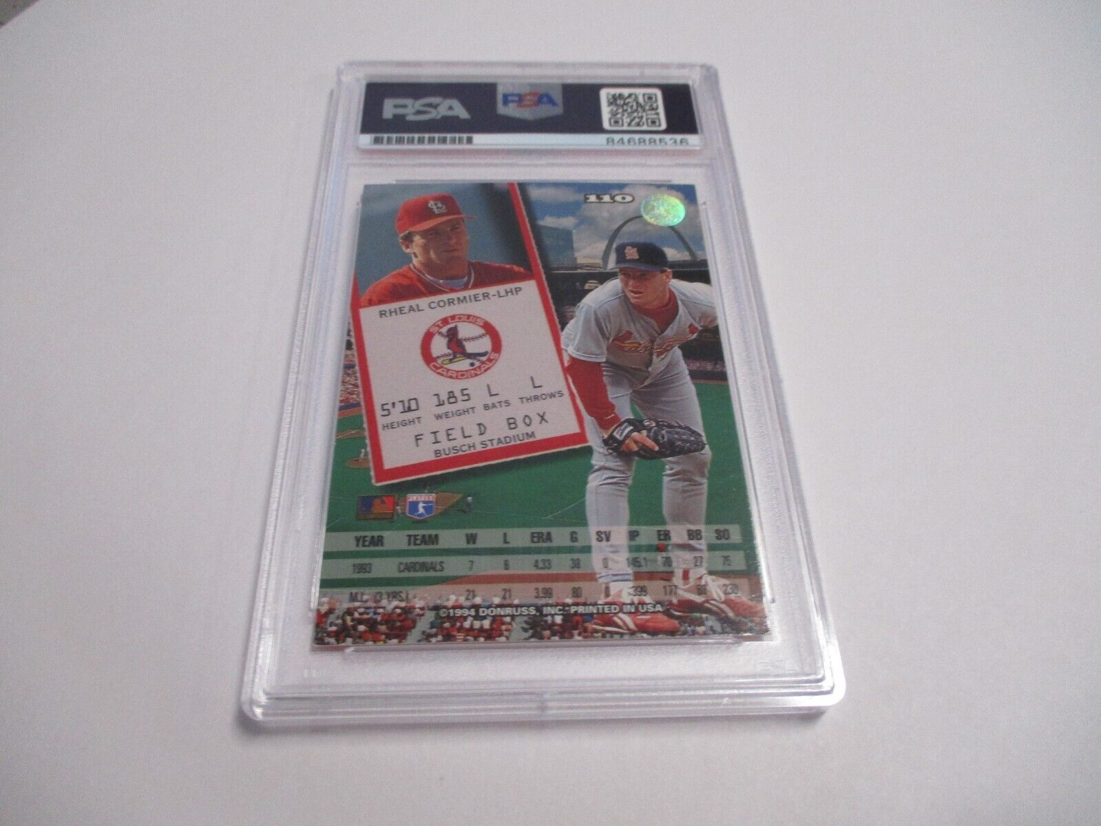 Rheal Cormier Cardinals Autographed 1994 Leaf Baseball Card #110 PSA Slab