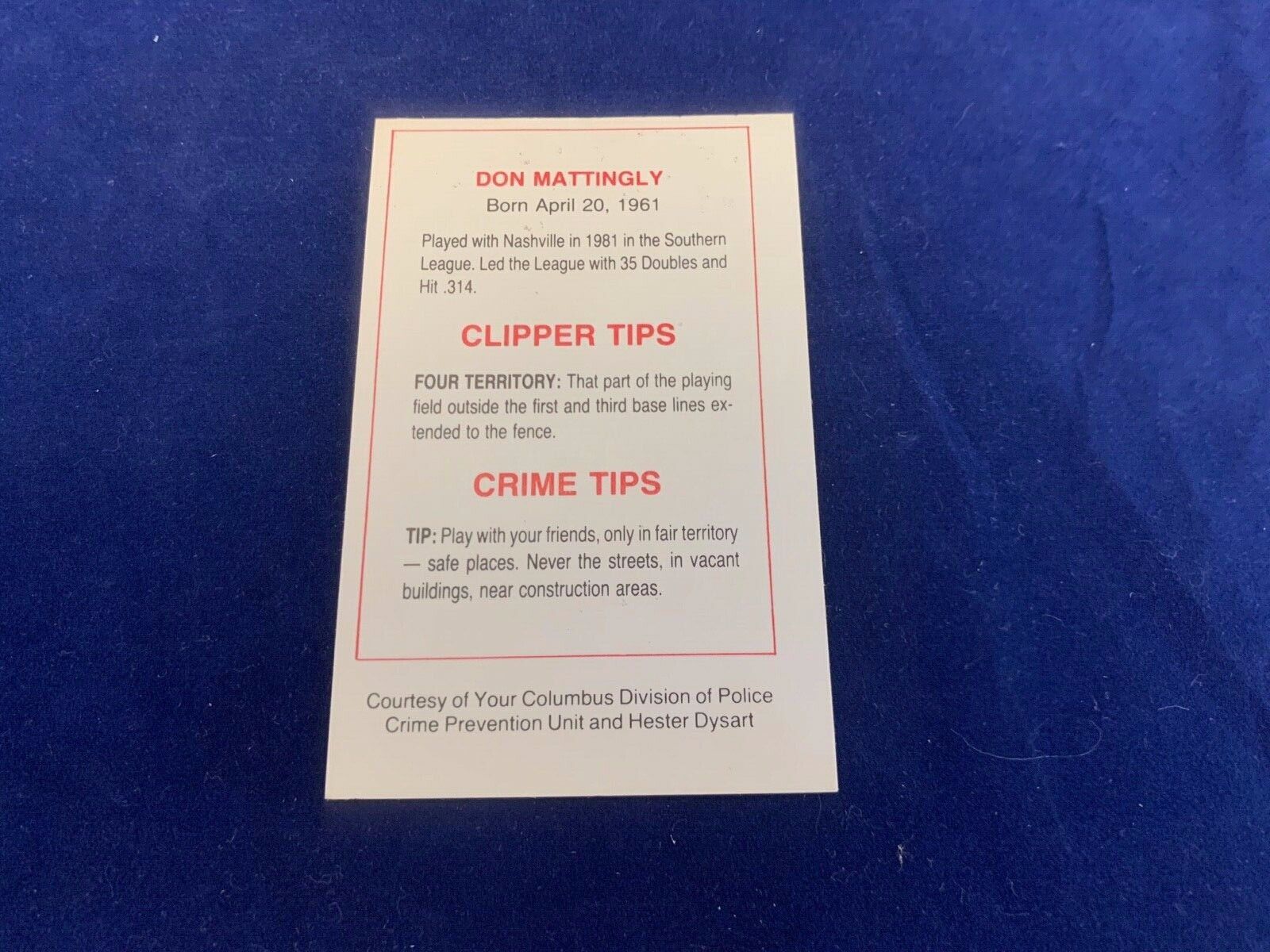 Don Mattingly 1982 Columbus Clippers Police Rookie Card in Nm Condition