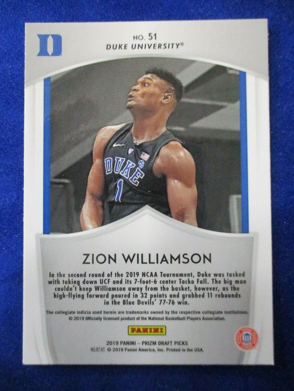 2019/2020 Zion Williamson Panini Prizm Draft Picks Crusade No. 51 Duke Uni