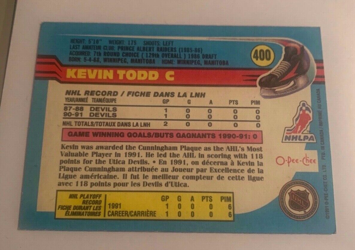 Kevin Todd New Jersey Hand Signed 1991-92 OPC Hockey Card #400 NM-MT