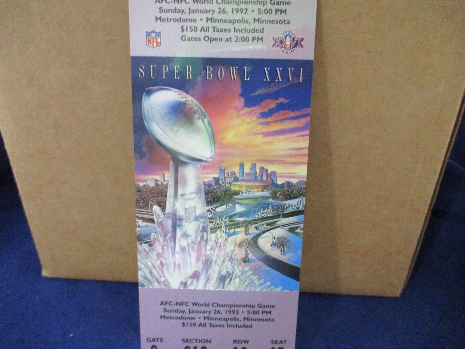 Super Bowl 26 XXVI 1992  "Redskins" Full Ticket Bills Vs Redskins