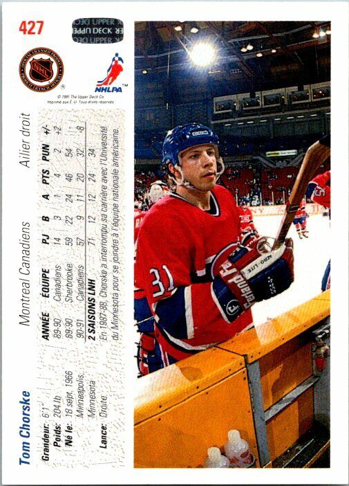 Tom Chorske Montreal Canadiens Hand Signed 1991-92 UD Hockey Card #427 NM-MT