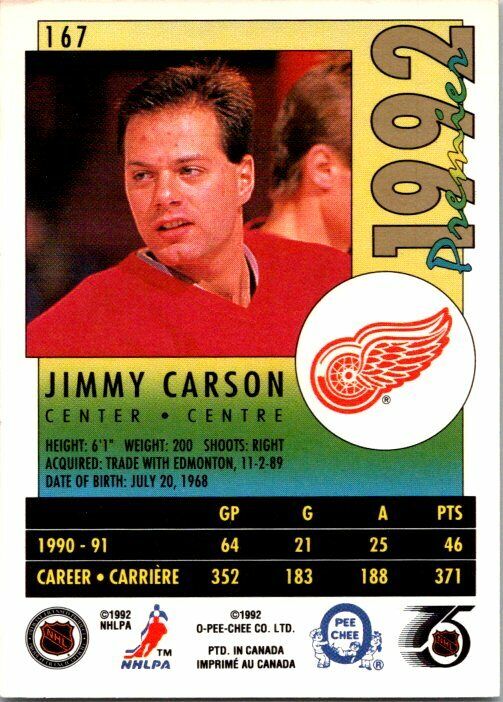 Jimmy Carson Detroit Red Wings Hand Signed 1991-92 OPC Hockey Card #167 NM-MT