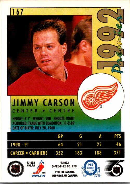 Jimmy Carson Detroit Red Wings Hand Signed 1991-92 OPC Hockey Card #167 NM-MT