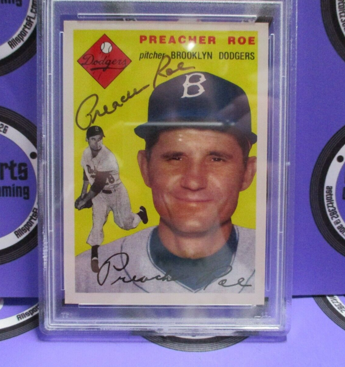 Preacher Roe Dodgers Autographed 1954 Topps Archives Baseball Card #14 PSA Slab