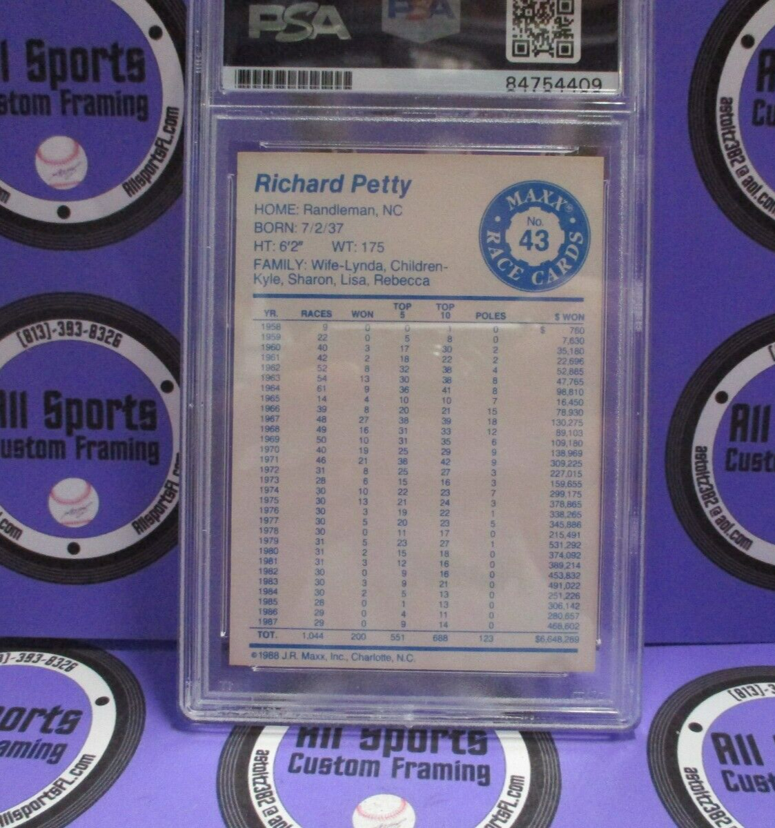 Richard Petty Autographed Signed 1988 Nascar Maxx Racing Cards #43 PSA Slab