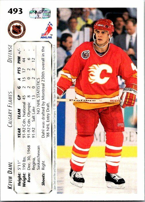 Kevin Dahl Calgary Flames Hand Signed 1992-93 UD Hockey Card #493 NM-MT