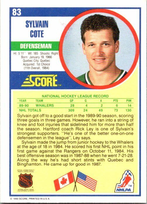 Sylvian Cote Hartford Whalers Hand Signed 1990-91 Score Hockey Card #83 NM-MT