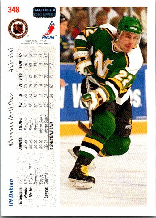 Ulf Dahlen North Stars Hand Signed 1991-92 Score Hockey Card #348 NM-MT