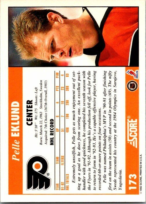 Pelle Eklund Philadelphia Flyer Hand Signed 1992-93 Score Hockey Card #173 NM-MT