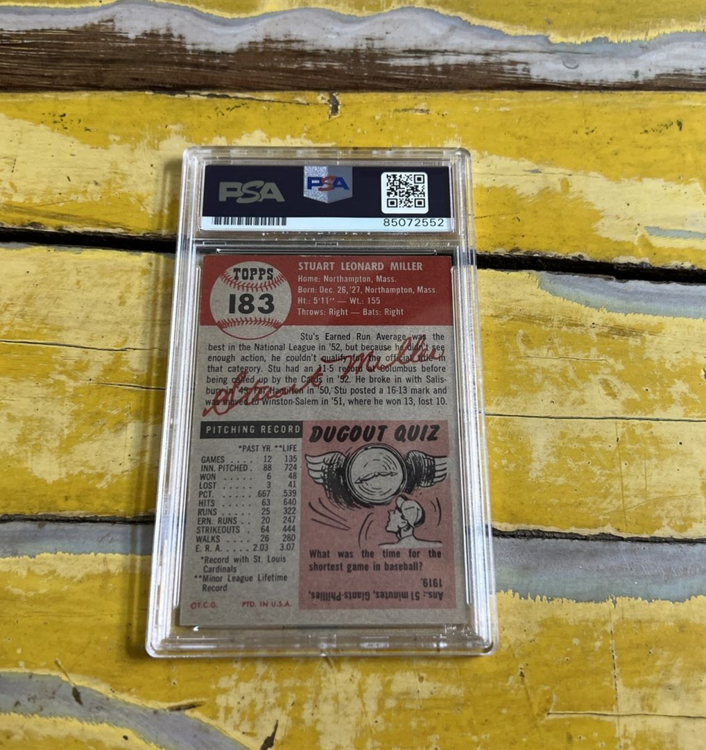 Stu Miller Cardinals Autographed Signed Vintage 1953 Topps Card #183 PSA Slab