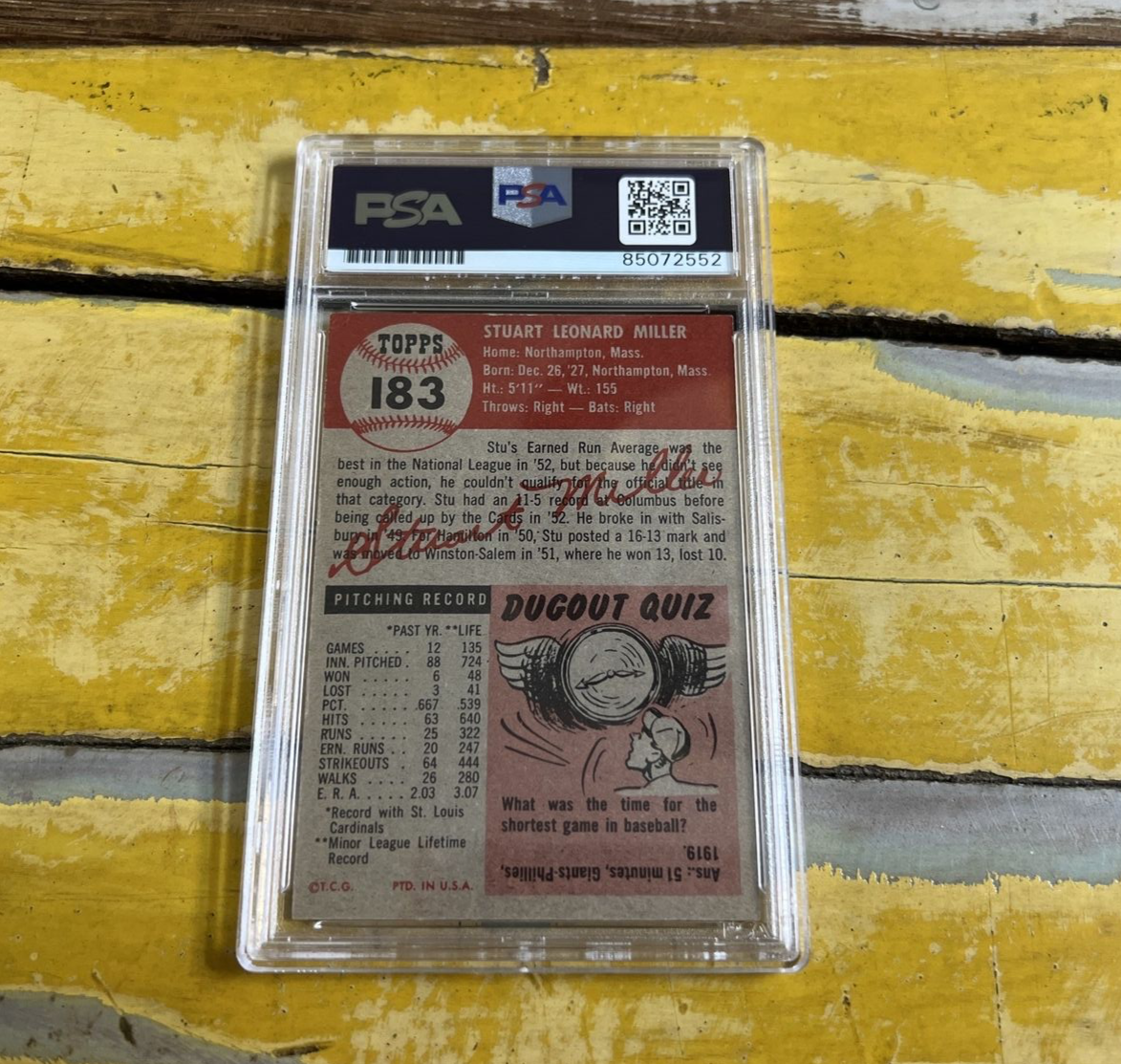 Stu Miller Cardinals Autographed Signed Vintage 1953 Topps Card #183 PSA Slab