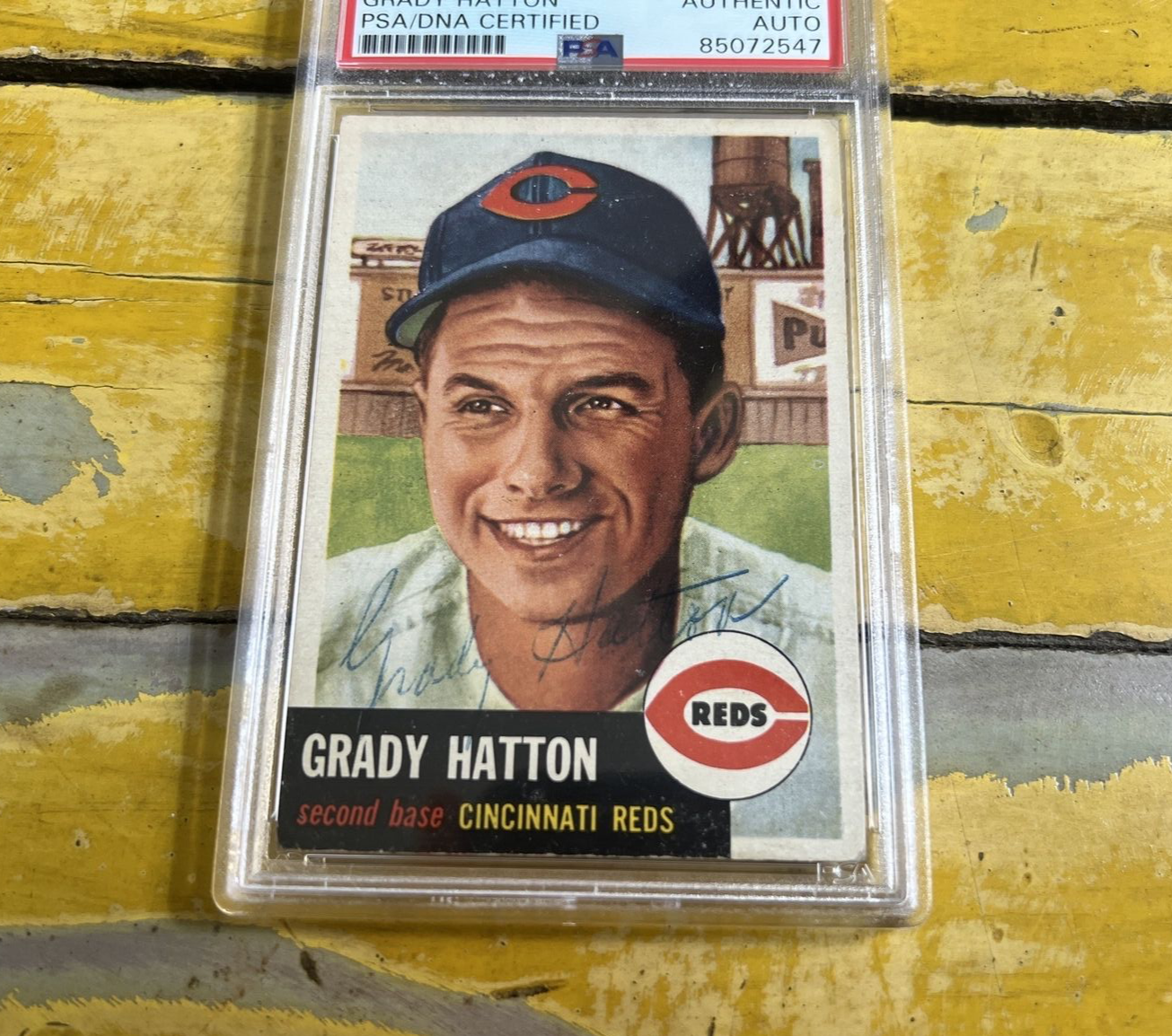 MLB Grady Hatton Reds Autographed Signed Vintage 1953 Topps Card #45 PSA Slab