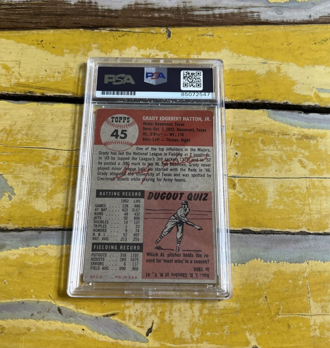 MLB Grady Hatton Reds Autographed Signed Vintage 1953 Topps Card #45 PSA Slab