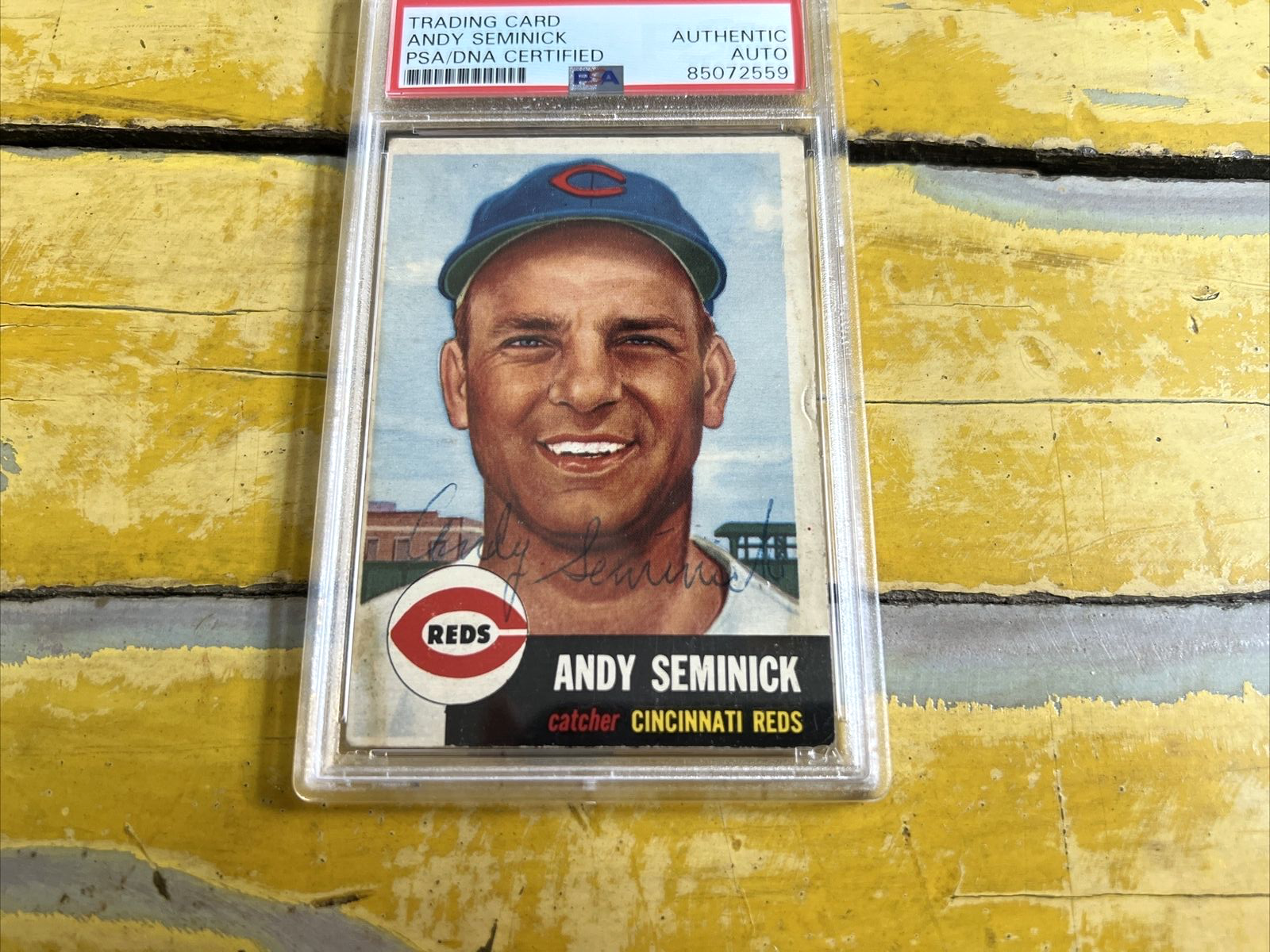 MLB Andy Seminick Reds Autographed Signed Vintage 1953 Topps Card #153 PSA Slab