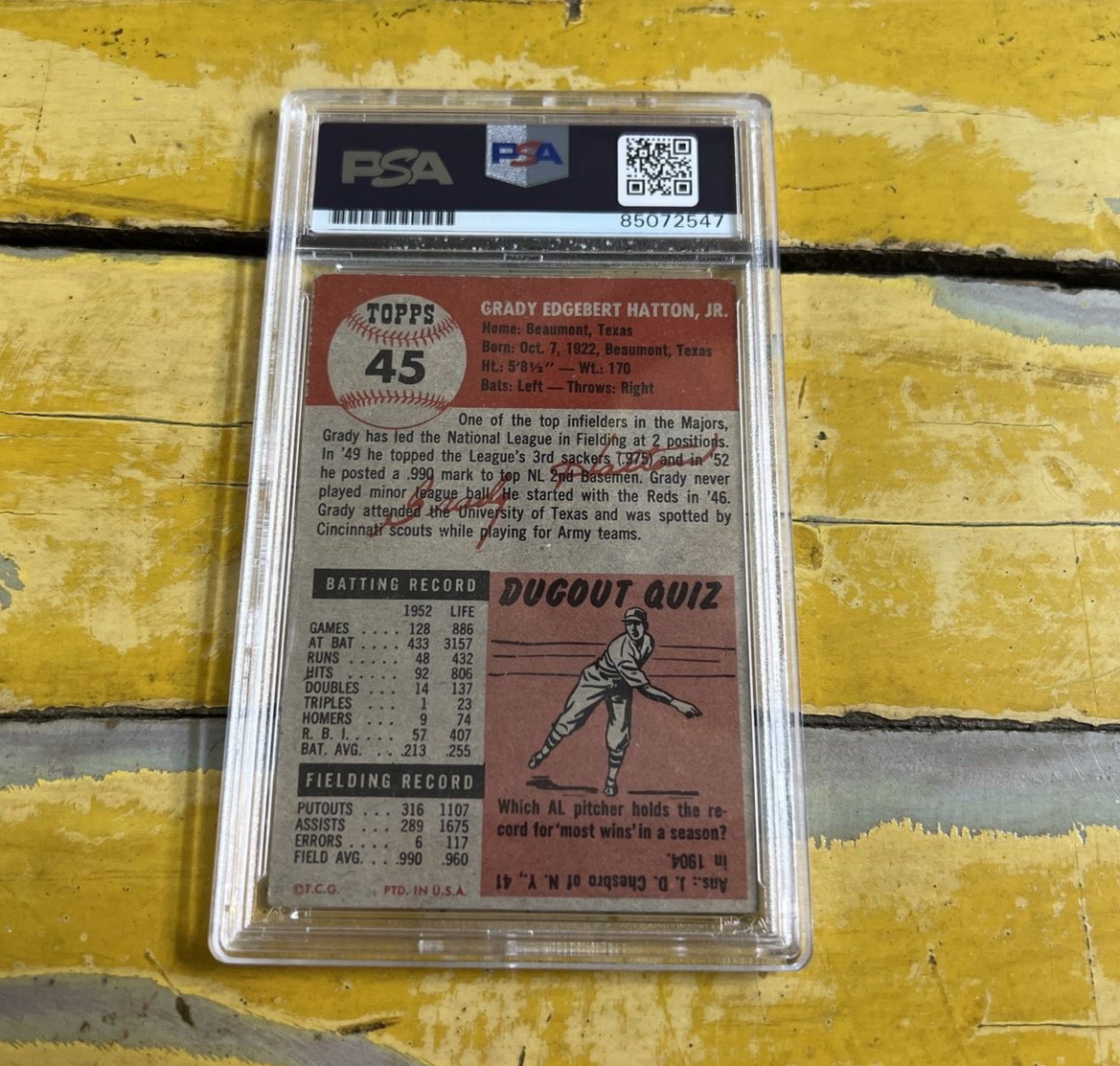 MLB Grady Hatton Reds Autographed Signed Vintage 1953 Topps Card #45 PSA Slab