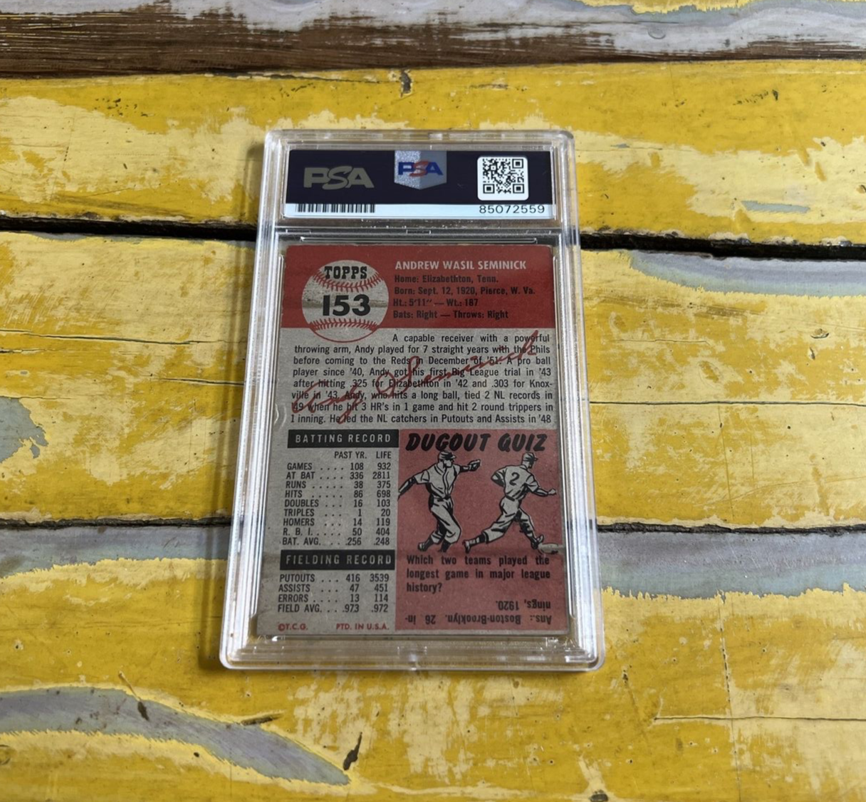 MLB Andy Seminick Reds Autographed Signed Vintage 1953 Topps Card #153 PSA Slab