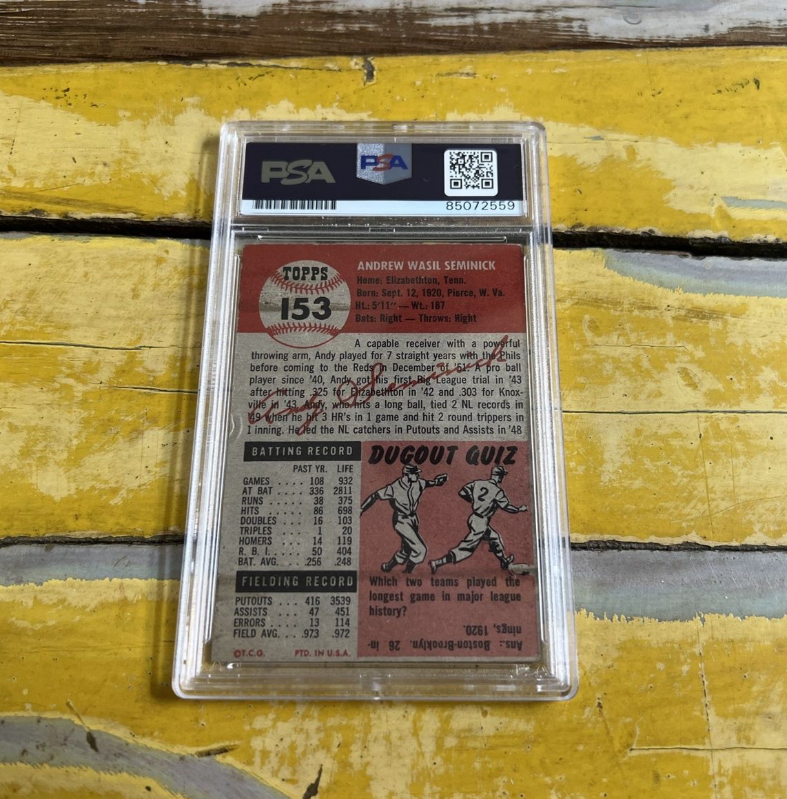 MLB Andy Seminick Reds Autographed Signed Vintage 1953 Topps Card #153 PSA Slab