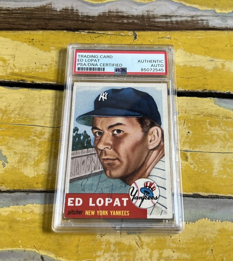 MLB Ed Lopat NY Yankees Autographed Signed Vintage 1953 Topps Card #87 PSA Slab