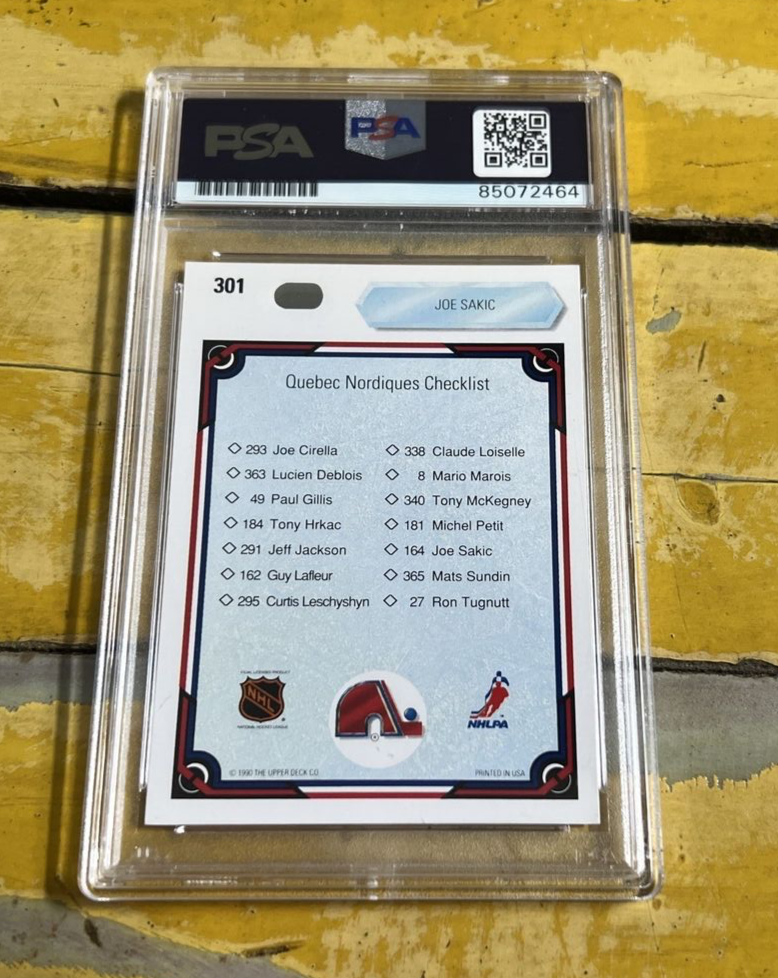 NHL Joe Sakic Autographed Signed 1990-91 Upper Deck Check. Card #301 PSA Slab