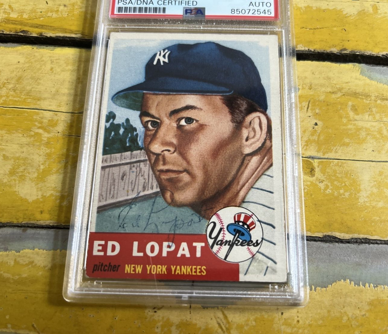 MLB Ed Lopat NY Yankees Autographed Signed Vintage 1953 Topps Card #87 PSA Slab