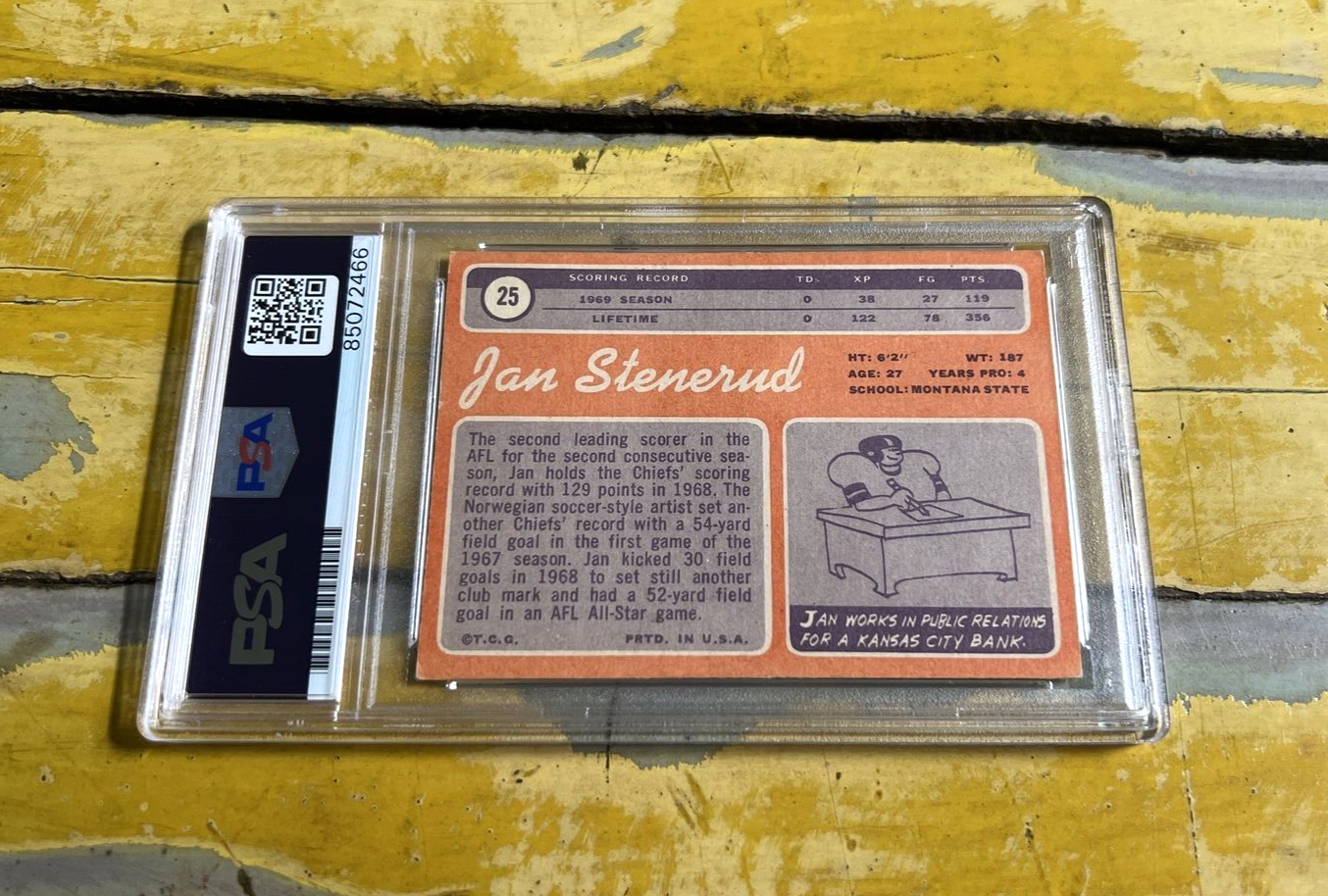 NFL Jan Stenerud Autographed Signed 1970 Topps Rookie Card #25 Script PSA Slab