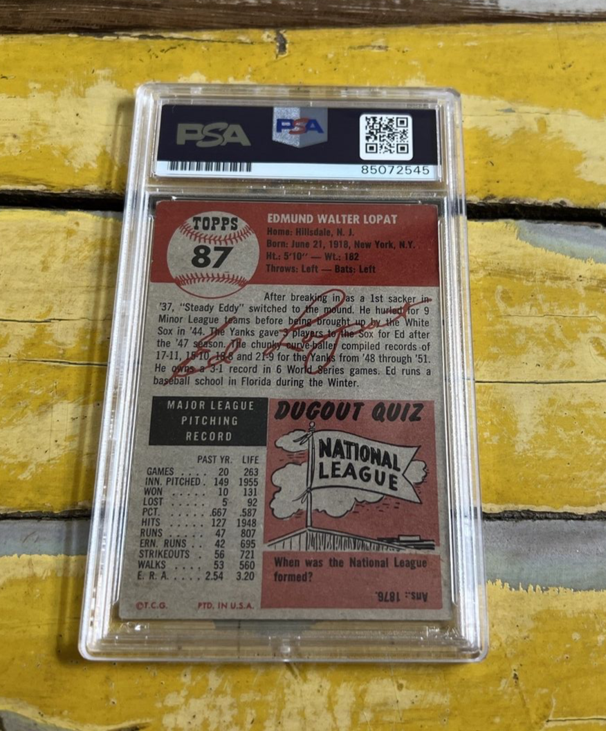 MLB Ed Lopat NY Yankees Autographed Signed Vintage 1953 Topps Card #87 PSA Slab