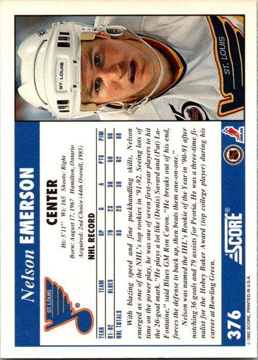 Nelson Emerson St Louis Blues Hand Signed 1992-93 Score Card #376 NM-MT