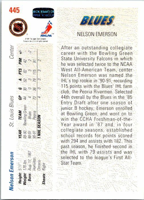 Nelson Emerson St Louis Blues Hand Signed 1991-92 UD Card #445 NM-MT