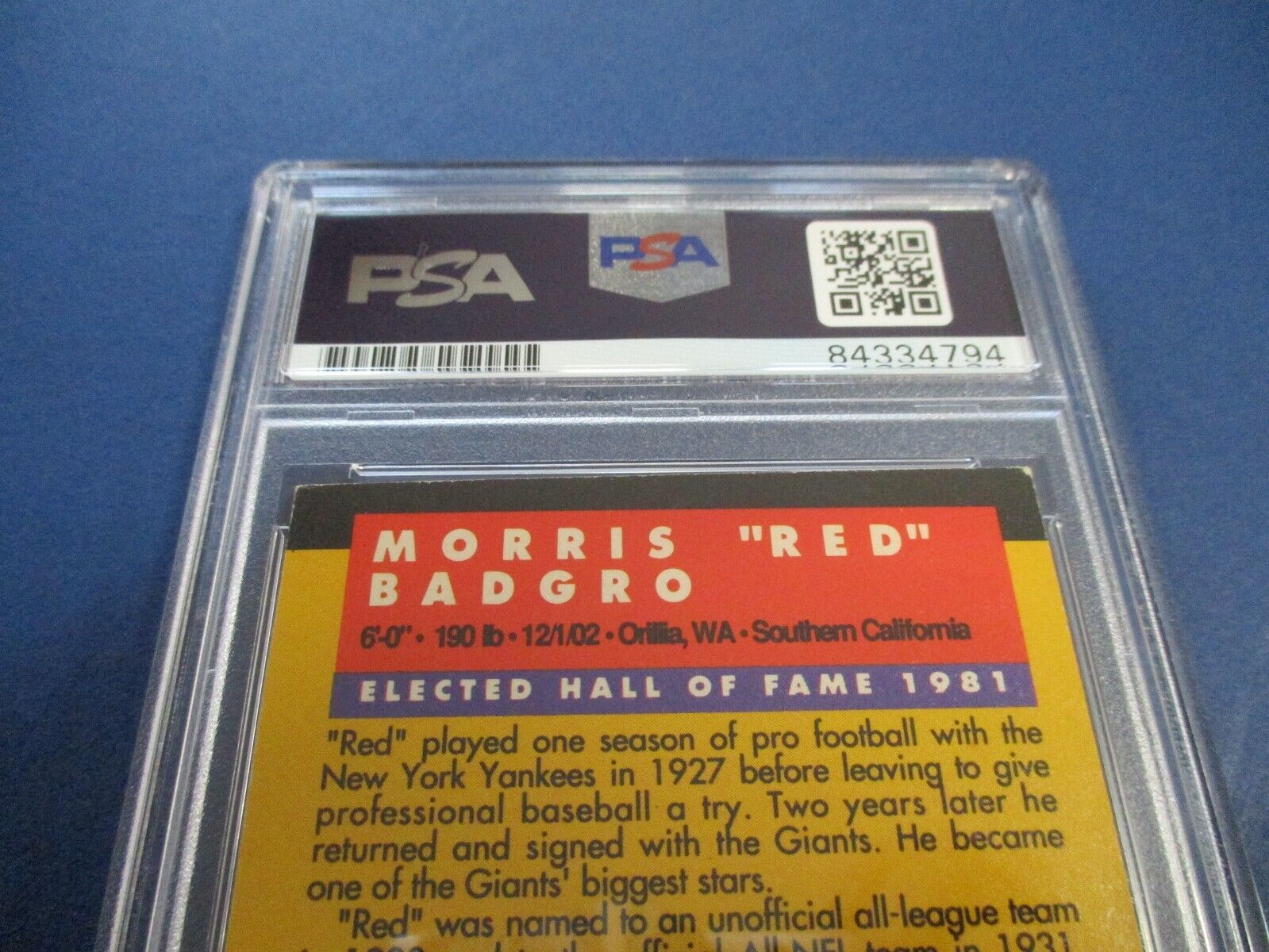 Red Badgro HOF 1981 Autographed Signed 1991 Enor Card #5 PSA Slab Auth.