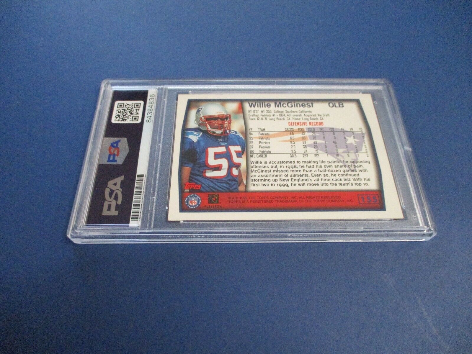 Willie McGinest Patriots Autographed Signed 1999 Topps Card #155 PSA Slab Auth.