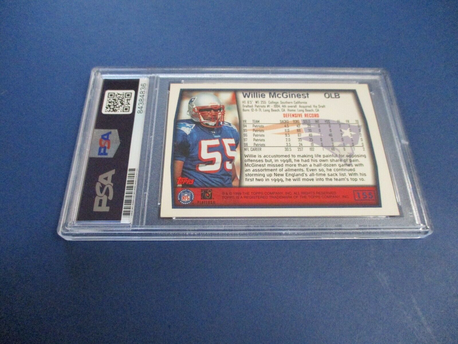 Willie McGinest Patriots Autographed Signed 1999 Topps Card #155 PSA Slab Auth.