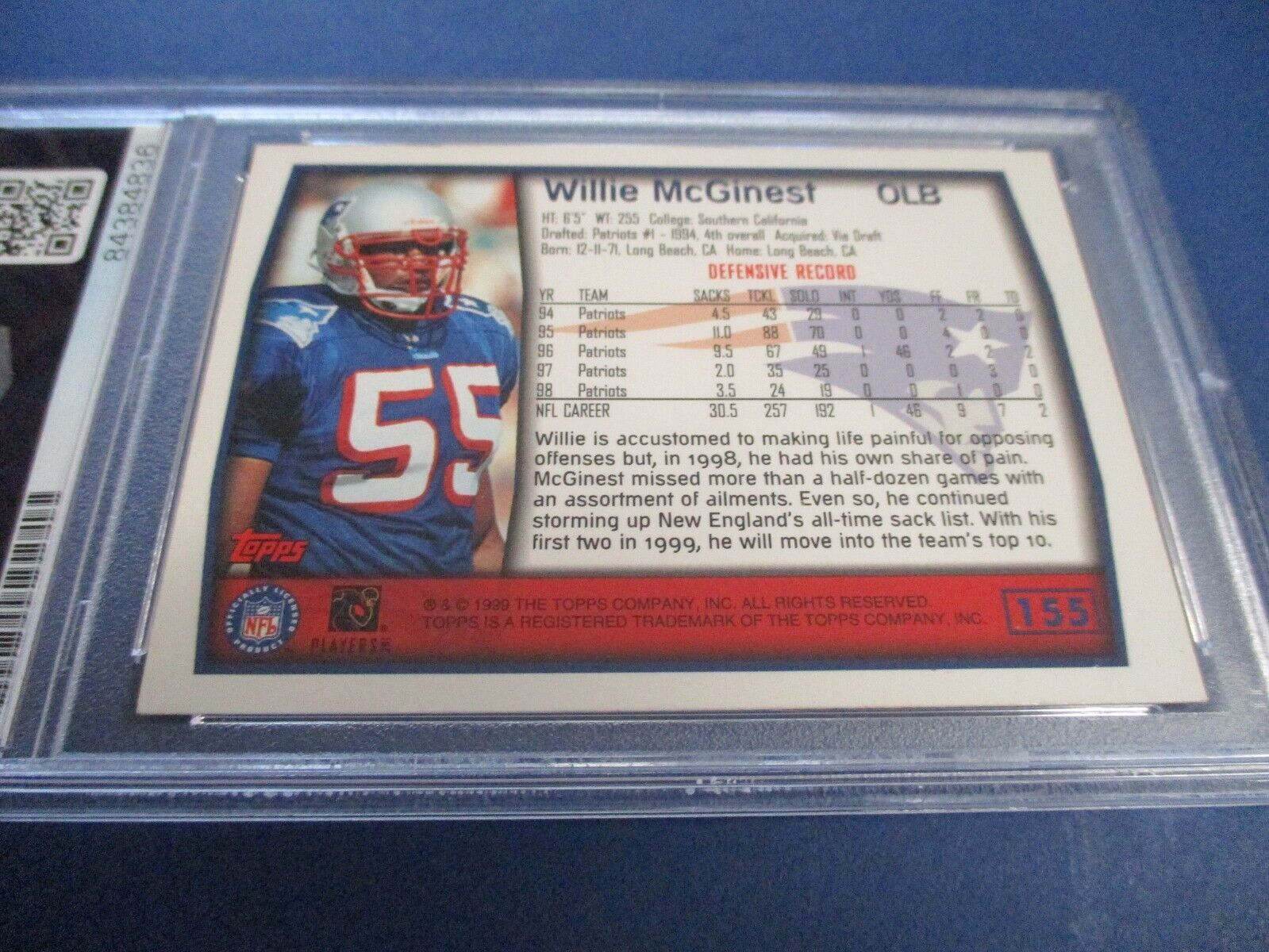 Willie McGinest Patriots Autographed Signed 1999 Topps Card #155 PSA Slab Auth.