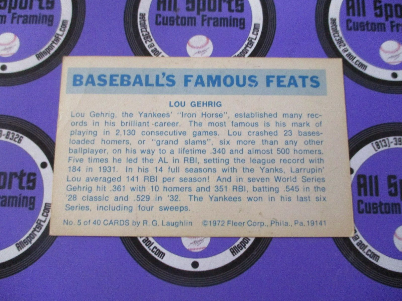 1972 Fleer Famous Feats #5 Lou Gehrig MLB Official Card 23 Grand Slams Ex-Nm