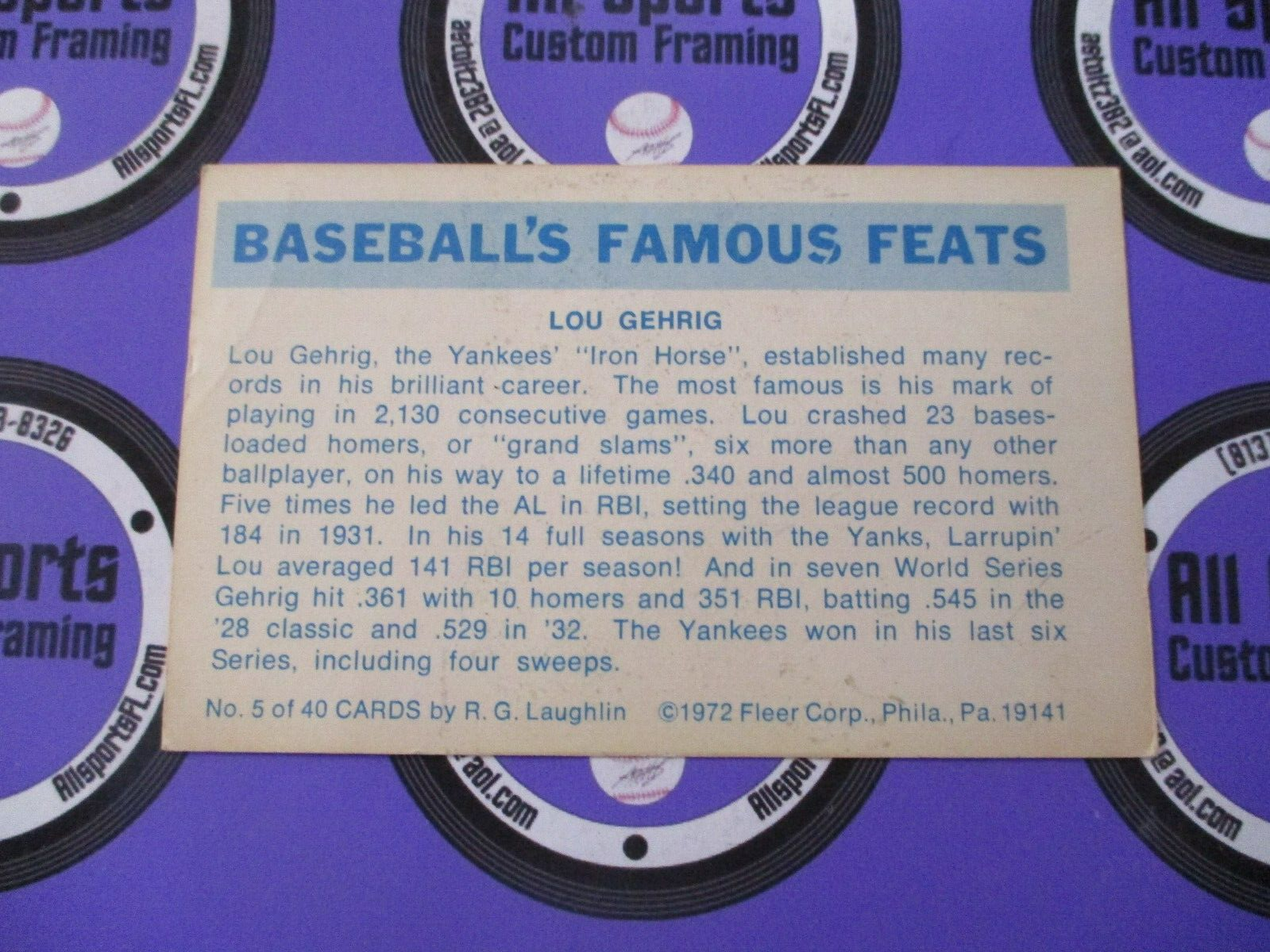 1972 Fleer Famous Feats #5 Lou Gehrig MLB Official Card 23 Grand Slams Ex-Nm