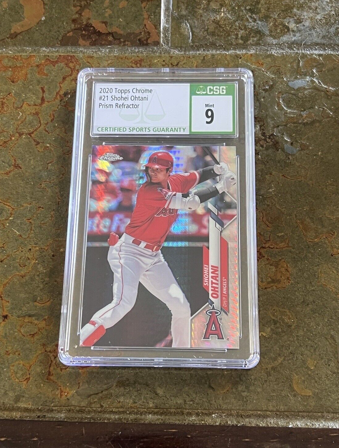 Shohei Ohtani 2020 Topps Chrome Prism Refractor Card #21 CSG Slab Grade Mint 9