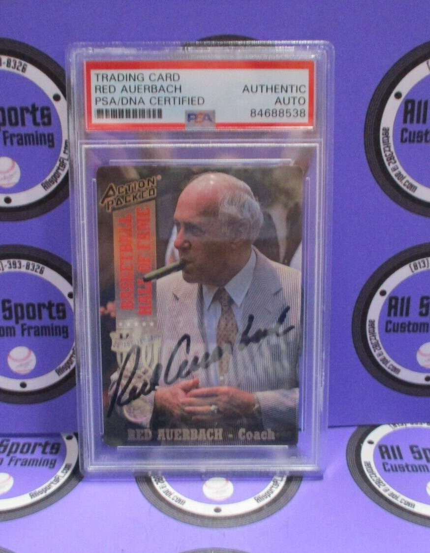 Red Auerbach Autographed 1993 Action Packed Basketball Card #11 PSA Slab