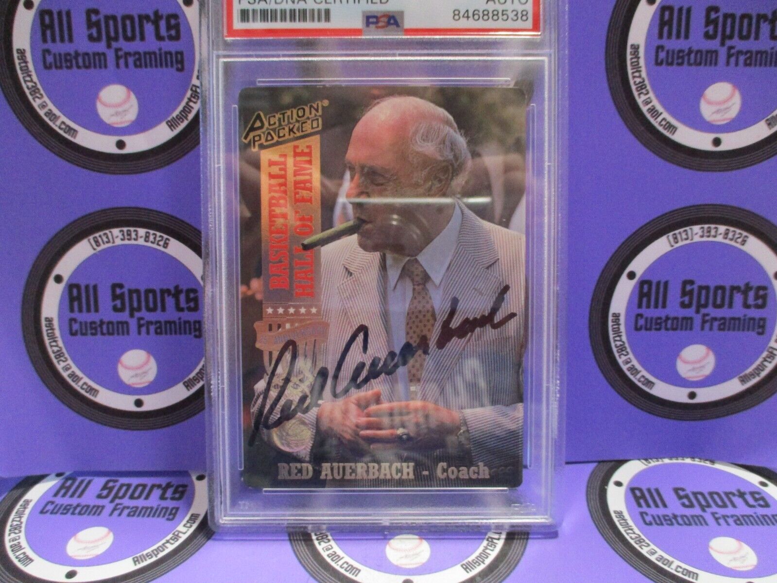 Red Auerbach Autographed 1993 Action Packed Basketball Card #11 PSA Slab