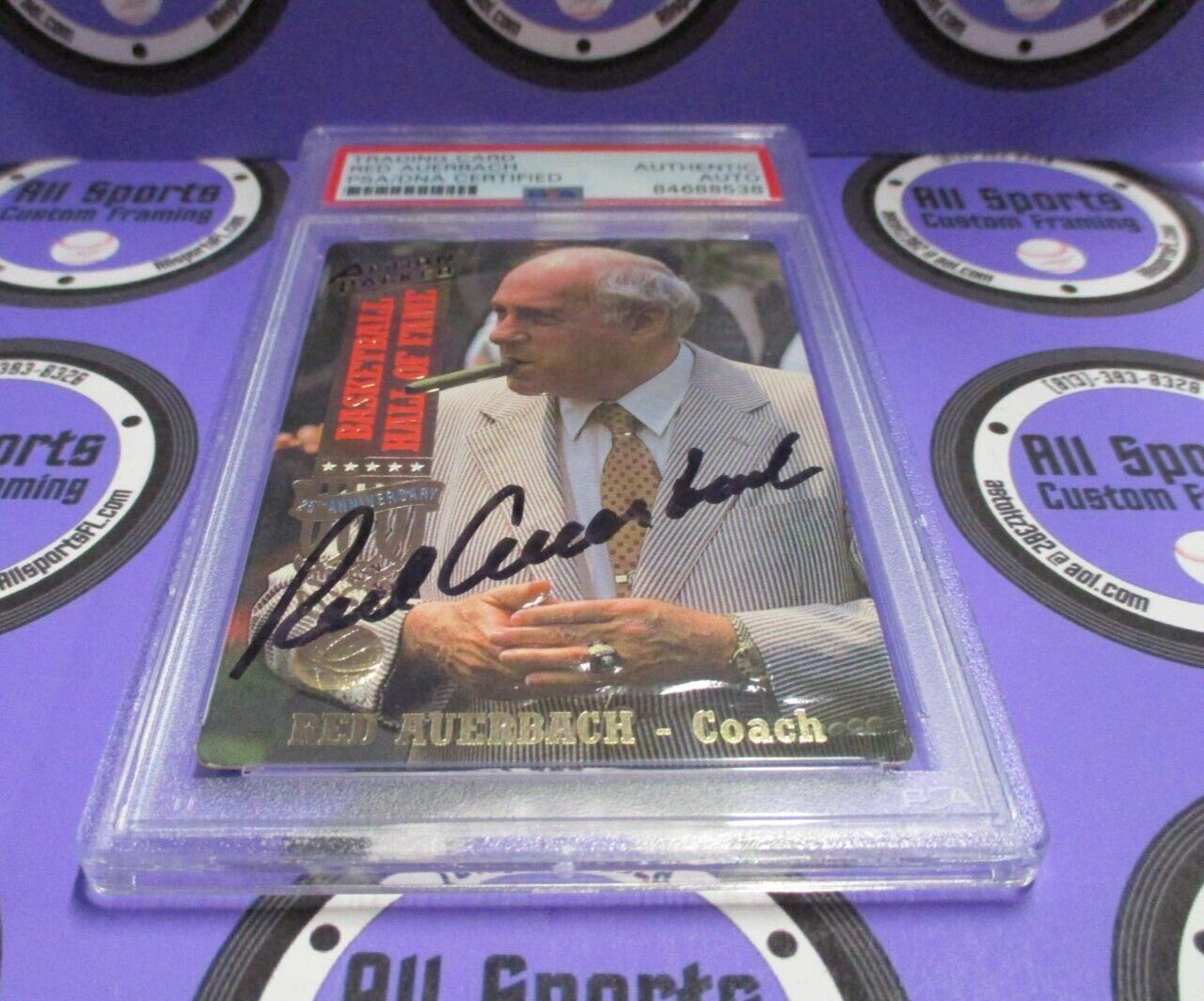 Red Auerbach Autographed 1993 Action Packed Basketball Card #11 PSA Slab