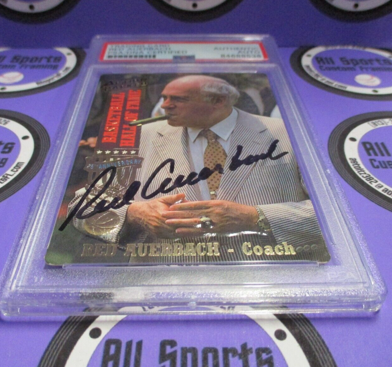 Red Auerbach Autographed 1993 Action Packed Basketball Card #11 PSA Slab