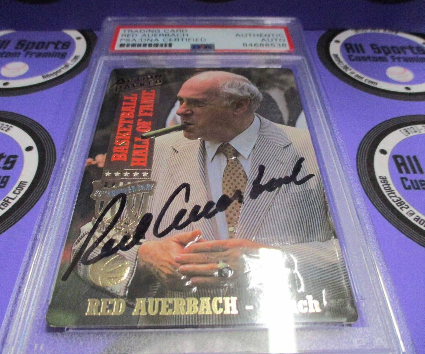 Red Auerbach Autographed 1993 Action Packed Basketball Card #11 PSA Slab