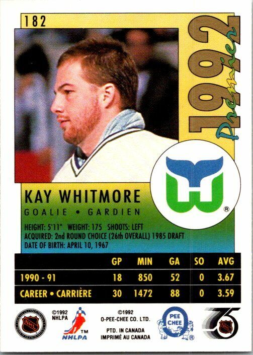 Kay Whitmore Hartford Whalers Hand Signed 1991-92 O-PEE-CHEE Hockey Card #182 NM