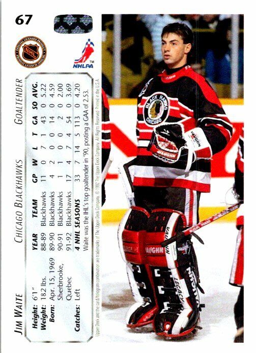 Jim Waite Chicago Blackhawks Hand Signed 1992-93 Upper Deck Hockey Card #67 NM