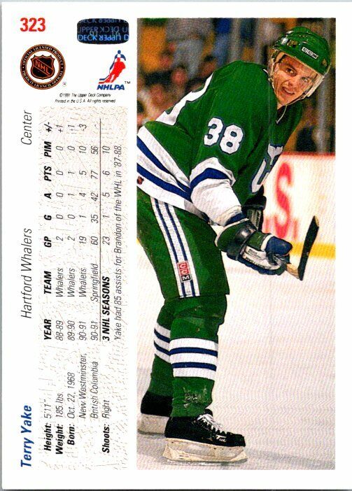 Terry Yake Hartford Whalers Hand Signed 1991-92 Upper Deck Hockey Card #323 NM