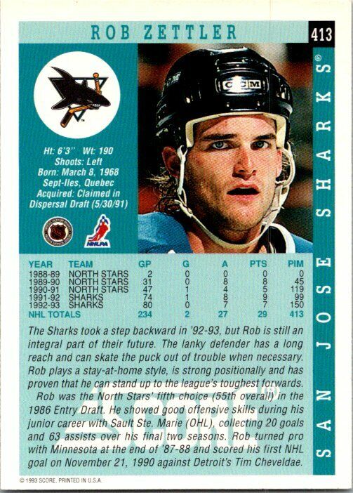 Rob Zettler San Jose Sharks Hand Signed 1993-94 Score Hockey Card #413 NM